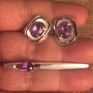Amethyst Cabochon Tie Pin and Cufflink Silver